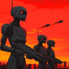 Robot soldiers defending a human colony from alien invaders under a red sky