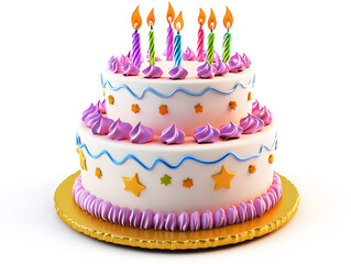 3D cartoon birthday cake with candles isolated on white background