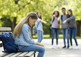 Young girl sitting alone on a bench while a group of students are pointing at her, bullying and laughing