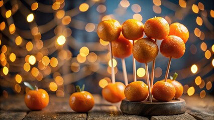 Close up shot of mandarins on a stick with erythritol and festive lights at night