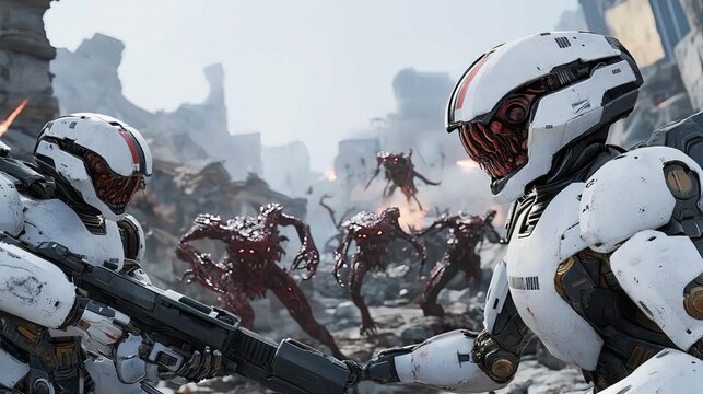Robot warriors battling a horde of alien creatures in the ruins of a futuristic city