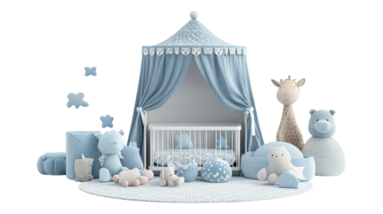A cozy and charming nursery filled with blue decor, plush toys, and a peaceful ambiance for a baby’s restful sleep.