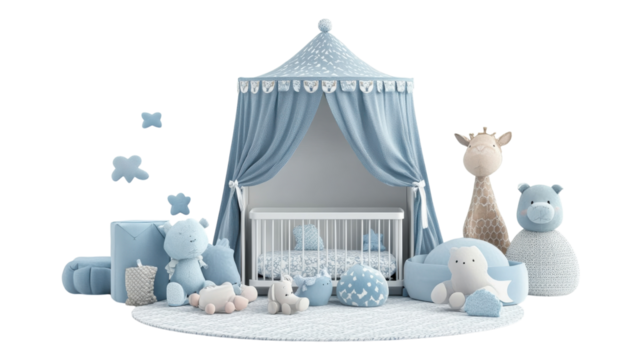 A cozy and charming nursery filled with blue decor, plush toys, and a peaceful ambiance for a baby’s restful sleep.