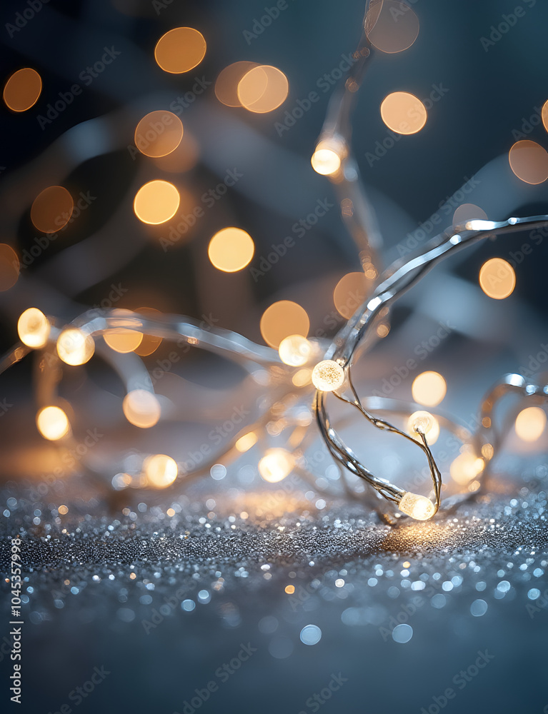 Poster festive lights create a silver white glittering effect with abstract glitter against a bokeh backgro