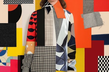 A luxurious fashion textile collage showcasing vibrant fabric swatches in various patterns and textures, creatively layered for an artistic presentation of color and design