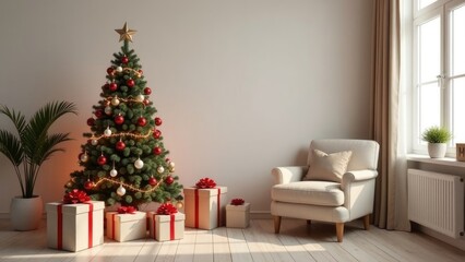 A beautifully decorated Christmas tree stands next to festive gift boxes in a cozy living room. Festive Christmas background