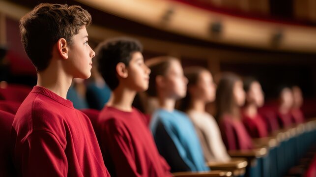 Young audience seated in a theater, focused and attentive during a performance, showcasing diverse expressions of anticipation.