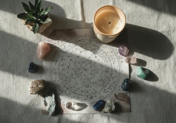 Natal chart lying on a table is surrounded by crystals and a candle, bathed in natural sunlight