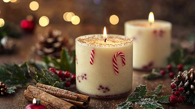 Preparing homemade Christmas candles with holiday scents like peppermint and cinnamon, ready to be gifted. . Video