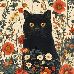 A striking black cat with vibrant orange eyes is surrounded by lush floral pattern, featuring colorful flowers that enhance enchanting atmosphere. This captivating design blends nature and artistry be