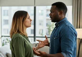 Young multiracial couple is arguing at home, having a serious conversation about their relationship problems