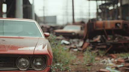 Fototapeta premium Weathered Cars and Rusting Machinery in Overgrown Scrapyard - A Forgotten Industrial Landscape of Abandoned Vehicles and Natures Reclamation