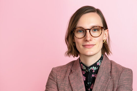 non-binary or trans woman with glasses on pink background