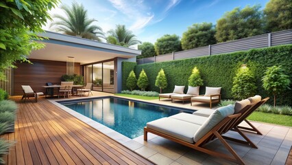 Fototapeta premium Residential backyard pool with lounge chairs and blue water surrounded by greenery, backyard, pool, suburban, relaxation