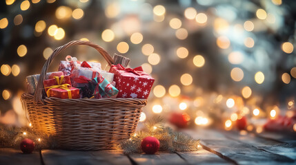 A festive basket overflowing with holiday gifts