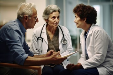 Obraz premium A doctor explaining things to elder couple patient stethoscope hospital adult.