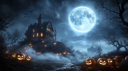 Haunted Mansion Under Full Moon with Halloween Jack-o-Lanterns