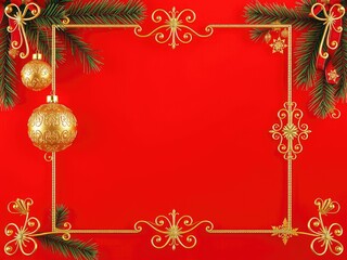 Christmas frame, christmas background with fir branches and balls, Festive Christmas Frame with Pine Branches and Baubles on Red Background