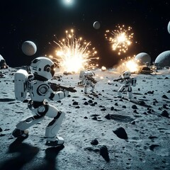 Robots fighting off alien invaders on the surface of a distant moon, explosions lighting up the sky
