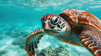 Fototapeta premium A vibrant underwater scene featuring a sea turtle gracefully swimming among coral reefs in crystal-clear turquoise water.