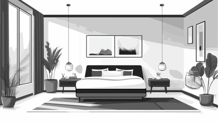 Fototapeta premium Black and white illustration of bedroom interior. Cozy modern bedroom.