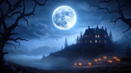 Fototapeta premium Haunted Mansion Under Full Moon with Halloween Jack-o-Lanterns