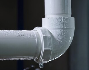 Extreme close-up of a white PVC pipe joint with condensation droplets covering its surface