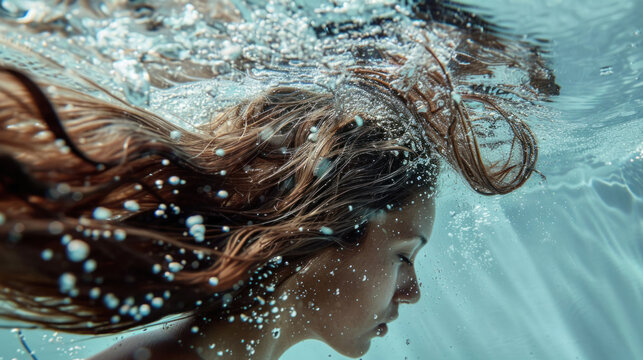 Hair flowing in slow motion underwater, capturing the essence of deep conditioning and hydration