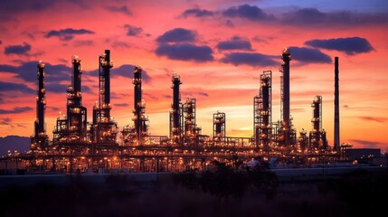 Fototapeta premium Oil refinery plant at twilight. Industrial landscape with factory, chimneys at refinery. Evening sky