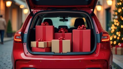 Fototapeta premium A red car with an open trunk full of Christmas presents. Gift delivery. Concept of festive mood and Christmas atmosphere