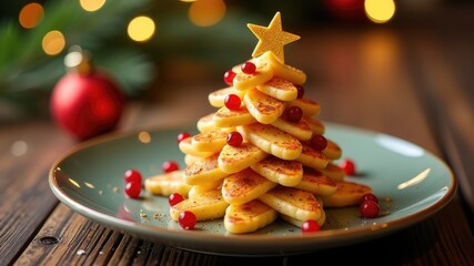 A Christmas tree made from fried cheese with cranberries and a gold star on top.