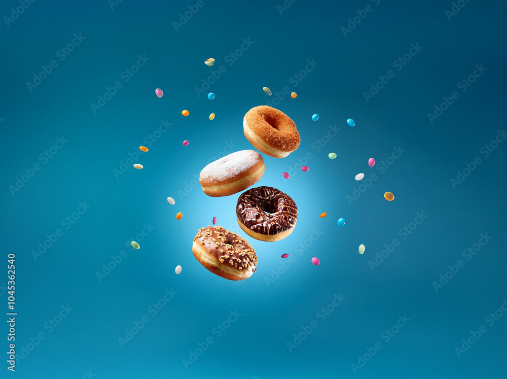 Poster Four donuts in various toppings fall against a blue background with colorful sprinkles.