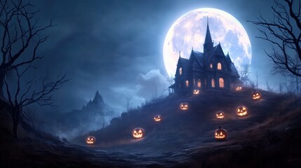 Fototapeta premium Haunted Mansion Under Full Moon with Halloween Jack-o-Lanterns