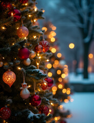 Decorate a festive Christmas background with a decorated tree and matching holiday ornaments and lights outside on a cold winter night.