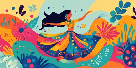 Fototapeta premium A woman in a colorful dress is dancing in a circle of flowers