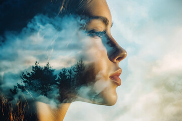 Double exposure of a young woman’s profile with clouds and forest landscape, creating a surreal and contemplative effect
