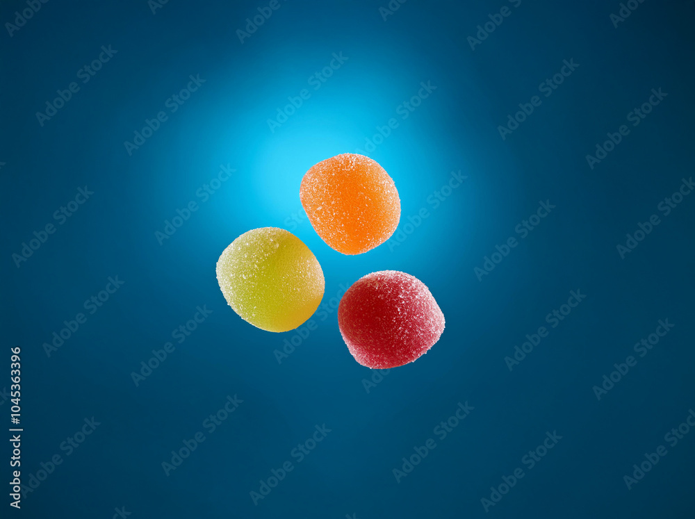 Poster three colorful, round candies with a grainy texture hover against a blue background.