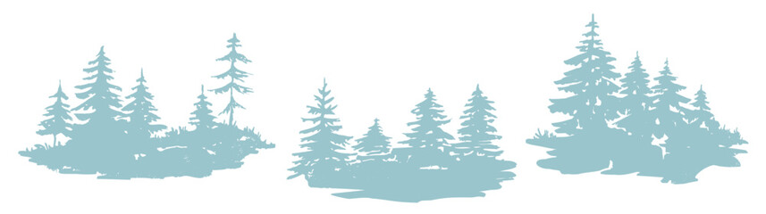 Abstract woodland forest illustration trees silhouette, fir tree forest silhouette isolated, evergreen trees, Landscape with trees and grass,  © Yevheniia Poli