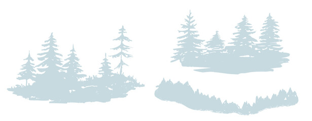 Fototapeta premium Abstract woodland forest illustration trees silhouette, fir tree forest silhouette isolated, evergreen trees, Landscape with trees and grass, 