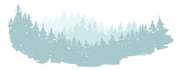 Abstract woodland forest illustration trees silhouette, fir tree forest silhouette isolated, evergreen trees, Landscape with trees and grass, 