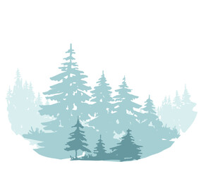 Abstract woodland forest illustration trees silhouette, fir tree forest silhouette isolated, evergreen trees, Landscape with trees and grass, 