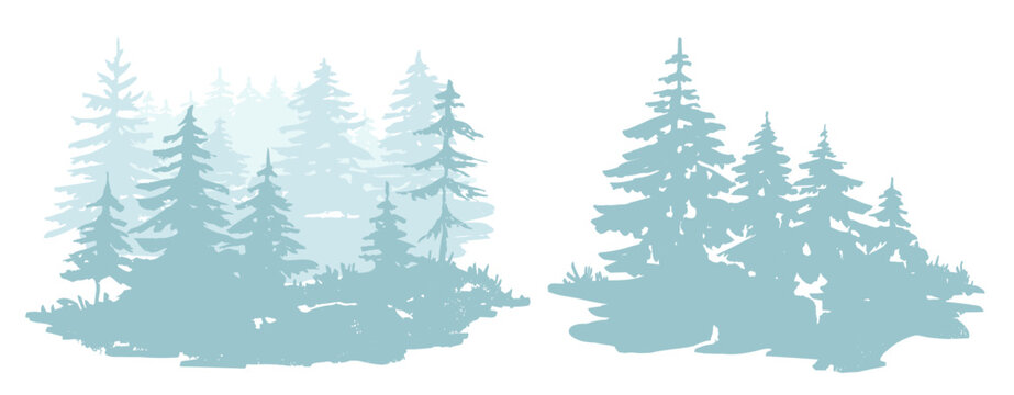 Abstract woodland forest illustration trees silhouette, fir tree forest silhouette isolated, evergreen trees, Landscape with trees and grass, 