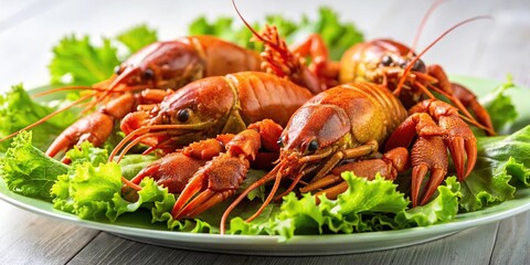 Close-Up Boiled crayfish with lettuce on a white plate