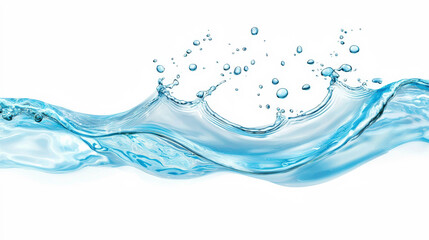 A close-up of a clear, vibrant wave of water with splashes and bubbles against a white backdrop, conveying freshness and fluidity.