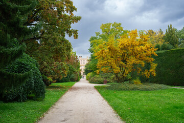 Obraz premium Lednice Palace panorama, Lednice-Valtice Cultural Landscape, South Moravian region, Lednice and Valtice area, South Moravia. Listed as UNESCO World heritage.