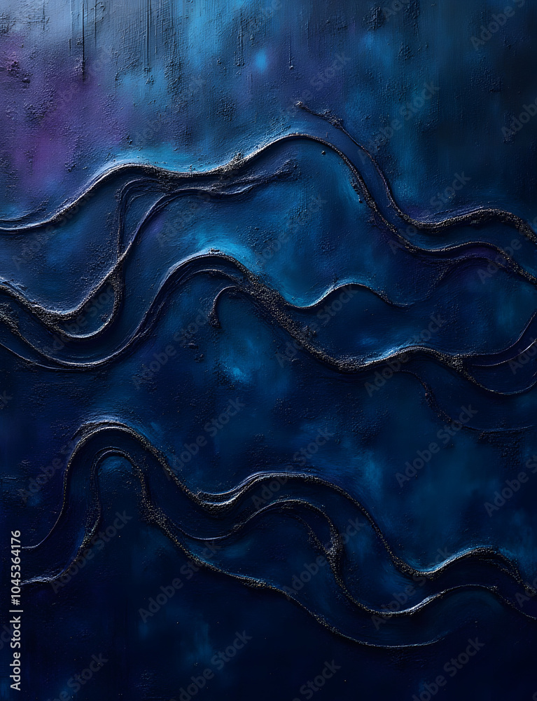 Aufkleber Dark blues and purples create a gritty wave pattern with geometric shapes on a noisy, shimmering design background.
