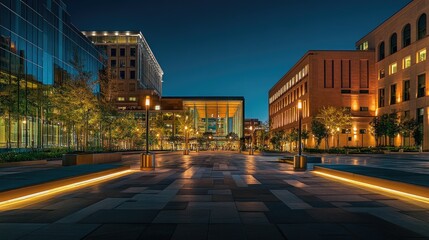 A beautifully lit urban square with modern and classical architecture, glowing in warm lights at night.