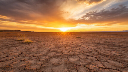 Cracked Desert Ground at Sunrise, Symbolizing Drought, Climate Change, and Environmental Resilience