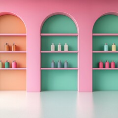 A vibrant and stylish product display featuring pastel-colored bottles arranged on pink, orange, and green arched shelves. Modern and minimalistic composition, ideal for showcasing beauty products.
