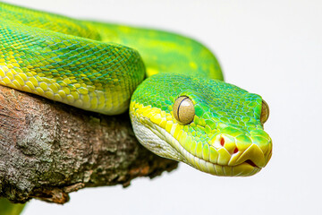 Snake Isolated On White: Cute green snake  and vibrant skin texture,Snake Head,  Attacking Snake, Viper,  Reptiles , Serpent 
